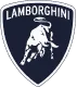 Logo Lamborghini représentant un taureau argenté en pose de charge sur un fond sombre avec « LAMBORGHINI » écrit au-dessus.