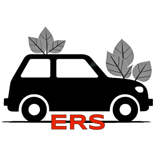Silhouette d'une voiture avec des feuilles vertes dessus et derrière, et les lettres "ERS" en rouge en dessous.
