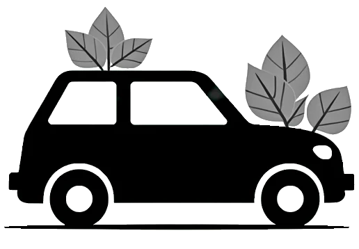 Silhouette d'une voiture avec trois grandes feuilles grises positionnées au-dessus de son toit et de son coffre, symbolisant le respect de l'environnement ou un véhicule vert.